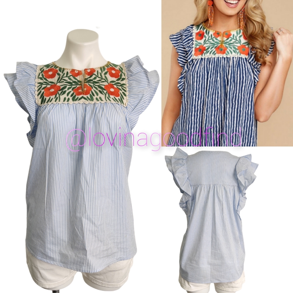 ANTHROPOLOGIE THML Blue White Striped Floral Flutter Sleeve Blouse EUC sz M